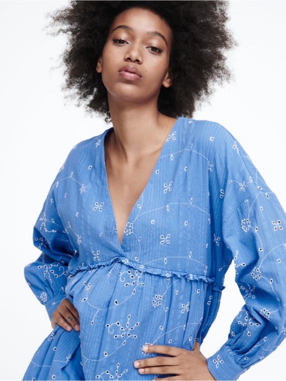 Zara Blue Short Embroidered Eyelet Babydoll Dress Size XL